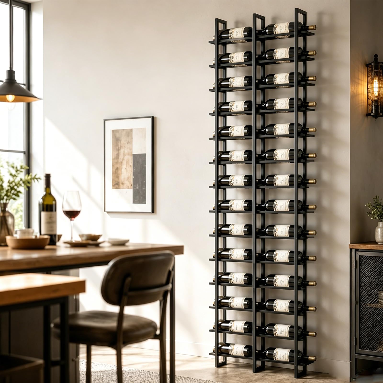 Botellero de Pared , sostenedor negro del almacenaje del vino, estante de metal de la botella del vino de la pared que cuelga de 15 niveles 45 botellas, para Cocina, Bodega, Bar (32 Botellas)