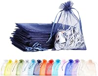 MORAINJAY Organza Ajándéktasak Szett - 100 db Sötétkék Tasak Zsinórral 9x12 cm - Esküvői, Ékszer, Levendula Tárolásra - Újrahasználható Mini 1