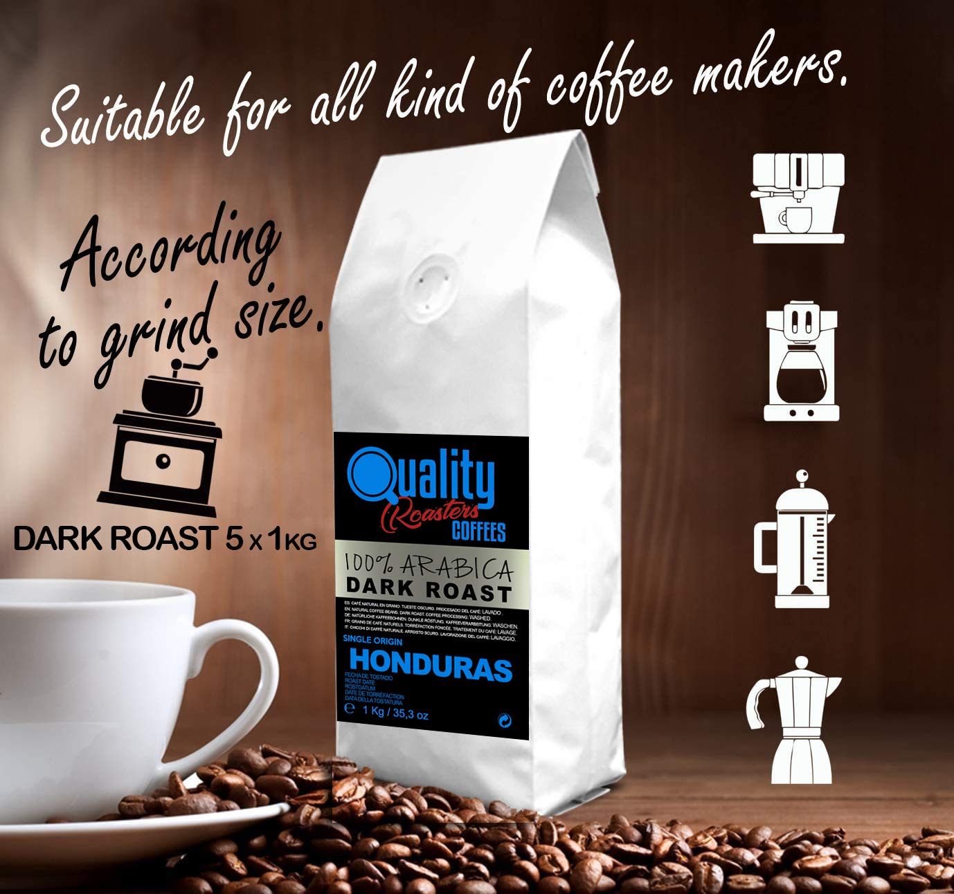 Café en grano natural. Dark Roast. 100% Arabica. Origen único Honduras. Tostado artesanal. Tueste Oscuro. (5 Kg)