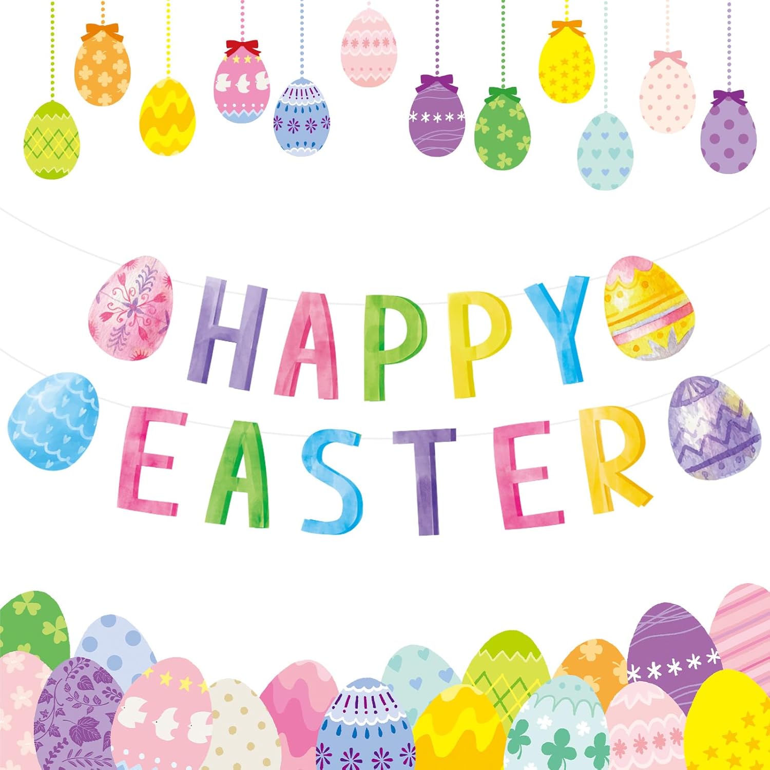 Happy Easter Decorations Banner - DIY Paper Eastesr Banners, Spring Watercolor Eggs Sign Garland Backdrop for 2026 Easter Indoor Outdoor Home Office Fireplace Wall Party Decor Supplies Favors Props