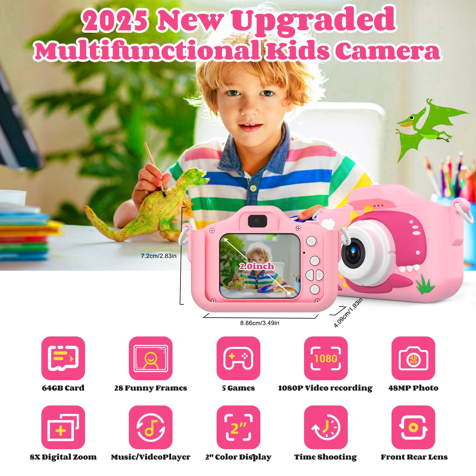 Cámara para niños, cámara para niños con tarjeta de 64 GB, 48 MP, 1080P HD, cámara para niños pequeños, regalos de cumpleaños de Navidad para niños pequeños de 3, 4, 5, 6, 7, 8, 9 años (rosa)