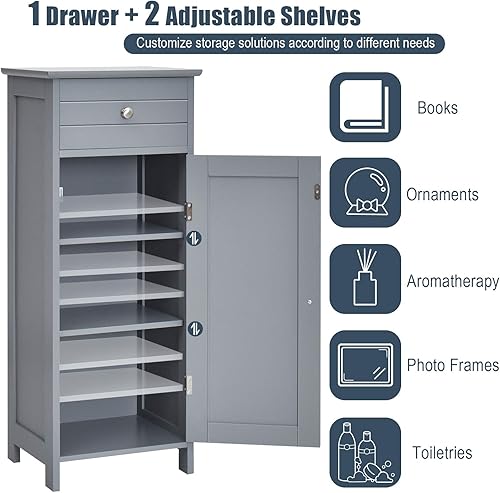 Miniatura 6 de Tangkula Armario de suelo de baño, armario de almacenamiento lateral de madera, armario de baño independiente de una sola puerta con cajón grande y