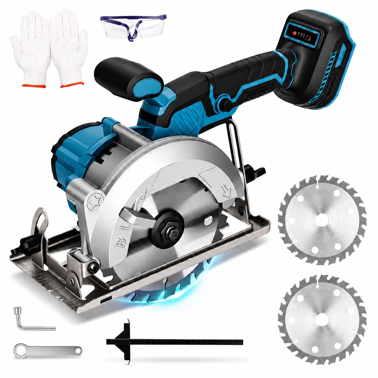 Mini Scie Circulaire Sans Fil Compatible avec Makita 18V Batterie, 7200 tr/min Scies Circulaires Electriques, Coupe d'onglet 45°/90°, 2 Lames 140mm pour Bois et PVC(Batterie Non Fournie)