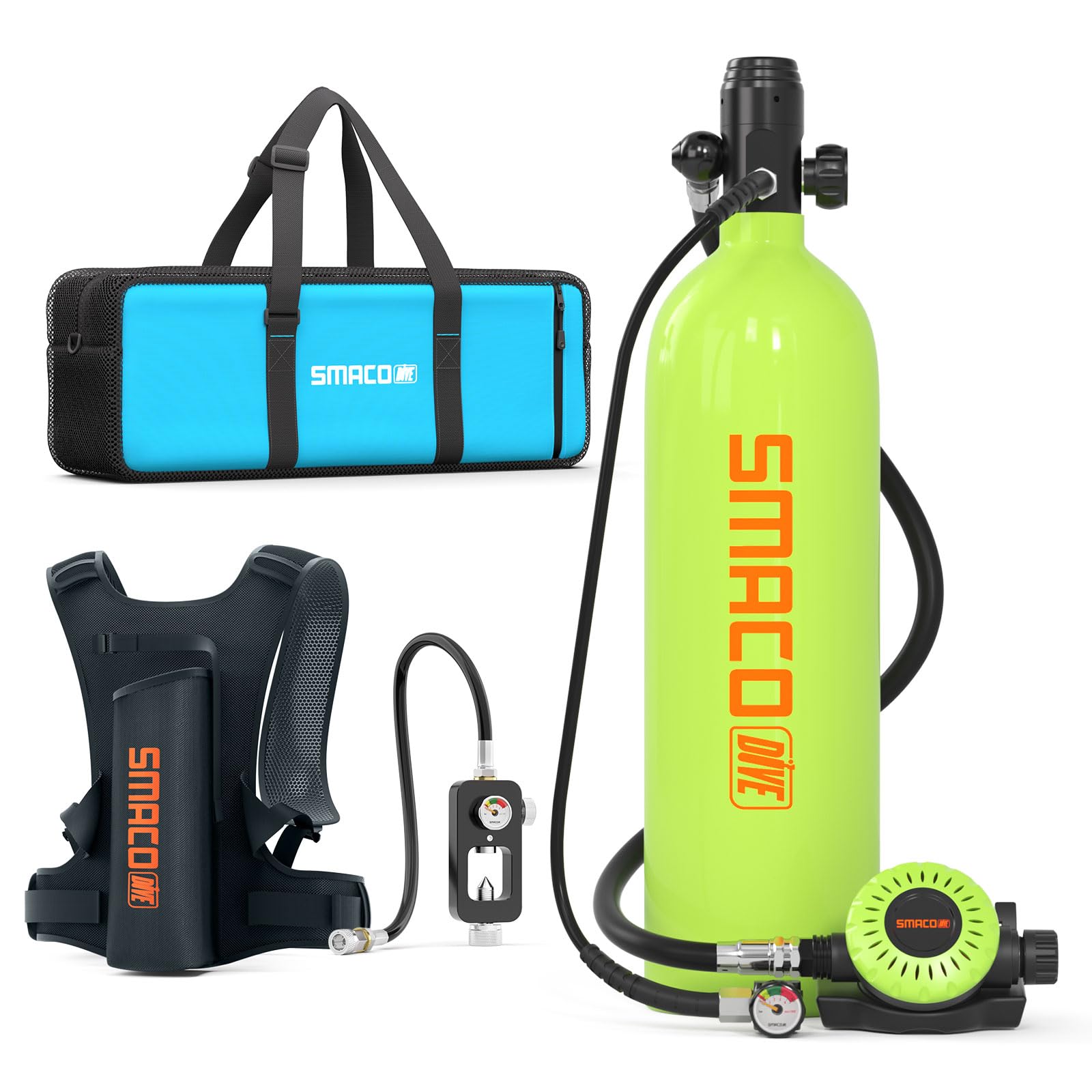 SMACO S700 Mini Scuba Tank 1.9L Portable Diving Tank Reusable Pony Bottle up to 30 Minutes Dive Time Backup Lung Air Tank Kit Diving Oxygen Cylinder for Snorkeling Underwater Exploration Rescue