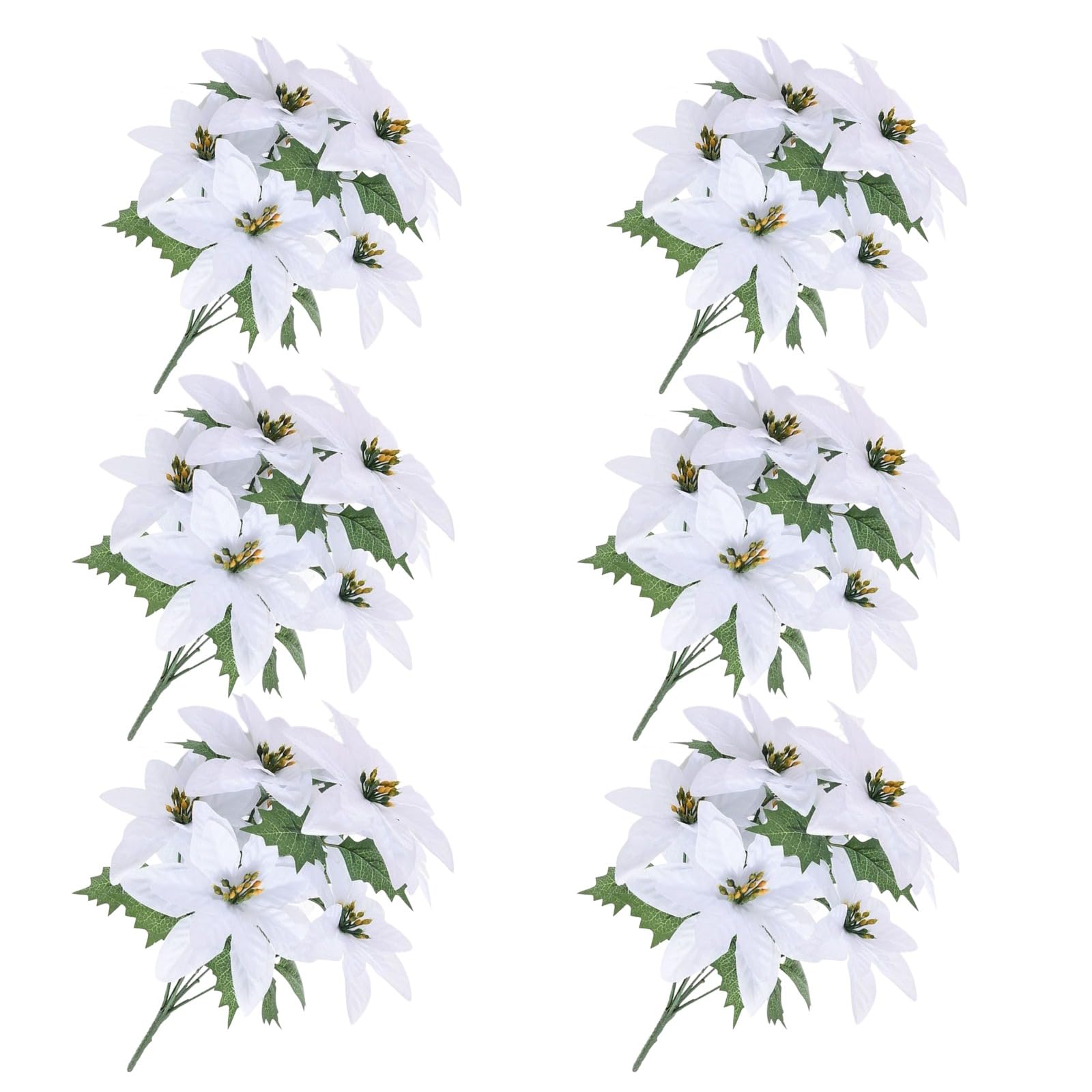 Caliko Pack of 6 White Poinsettia Artificial Flowers Snow-Kissed Bushes 34cm 7 Heads of Silken Blooms for a White Christmas Poinsettia Wonderland - Your Signature Xmas Elegance.