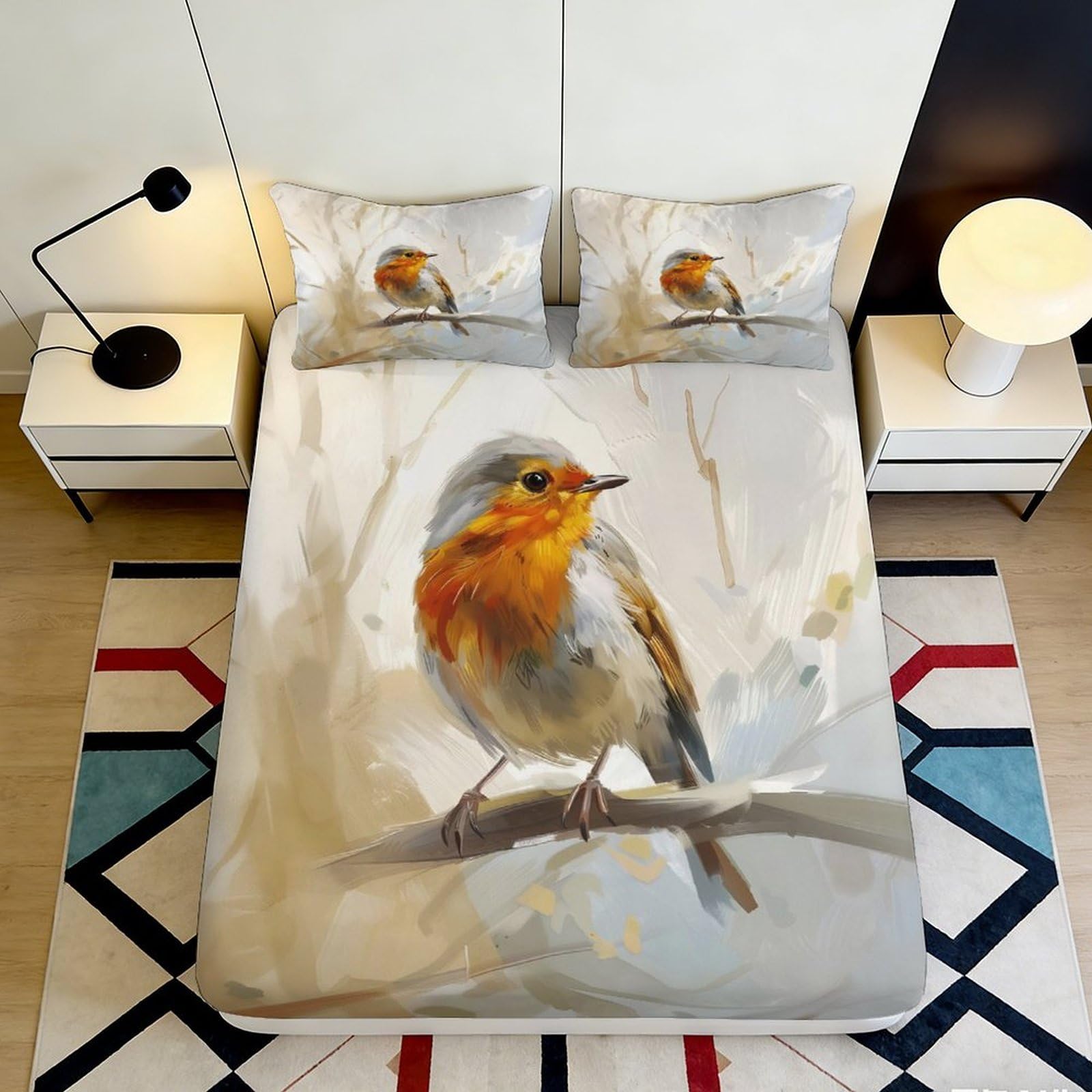 3D Printed Watercolor Robin Fitted Sheet Microfiber Soft Breathable Bird Branch Mattress Cover for Bedroom Guest Room Decor 180x200x25cm