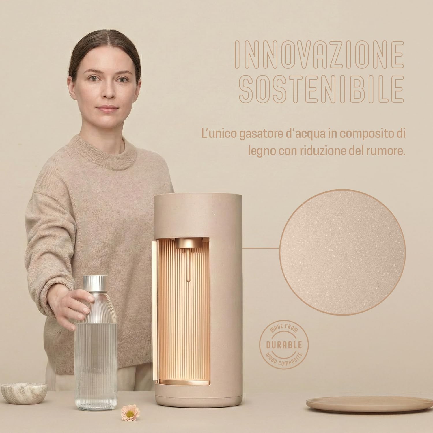 Mysoda Glassy - Gasatore d’acqua per l’acqua frizzante con bottiglia in vetro (senza bombola di CO2) - Beige (latte)