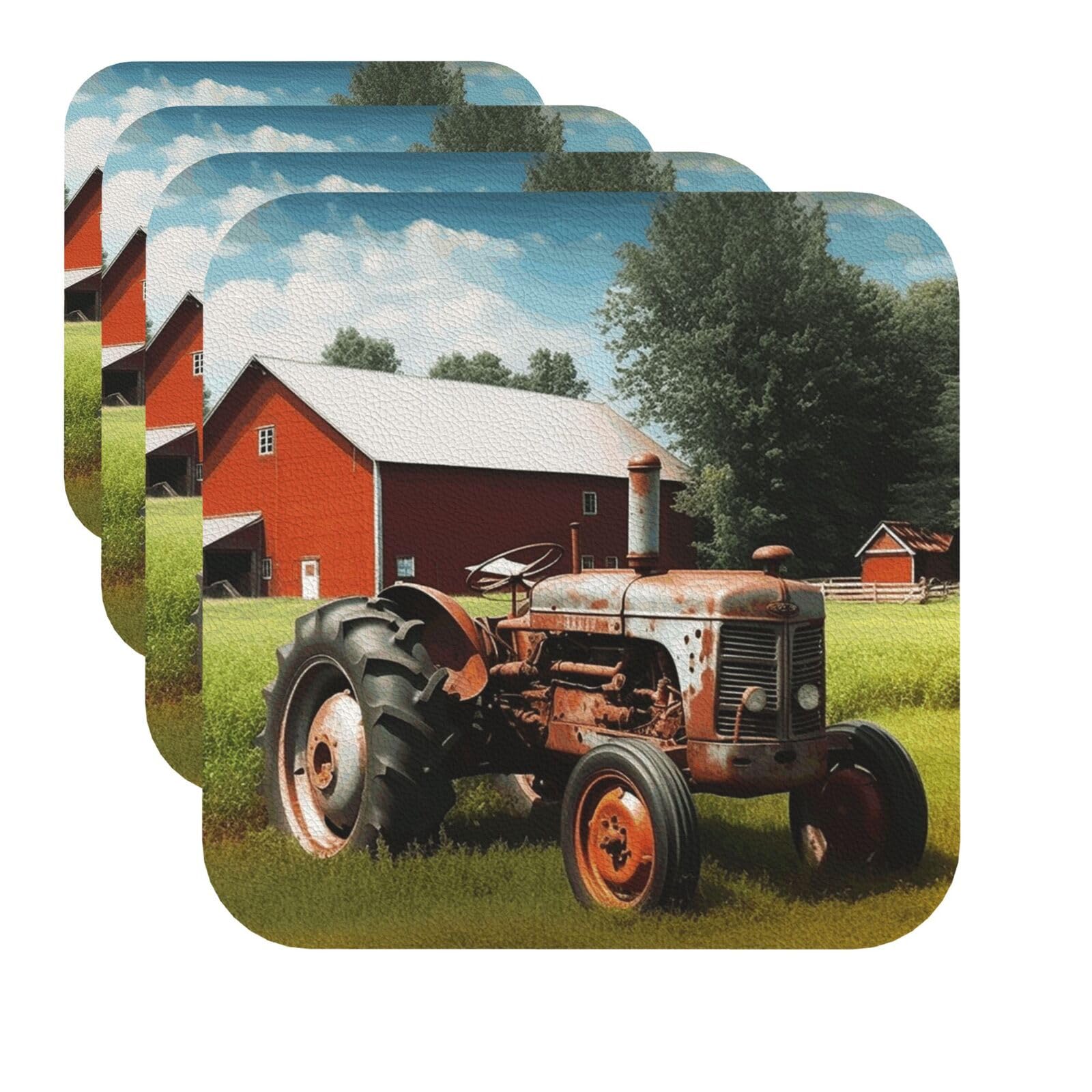 Coasters Set of 4 Drink Coasters with Holder Round Leather Coasters Company Farm Tractor Coasters for Drinks Cups Mugs Mat Pads Absorbent Non-Slip