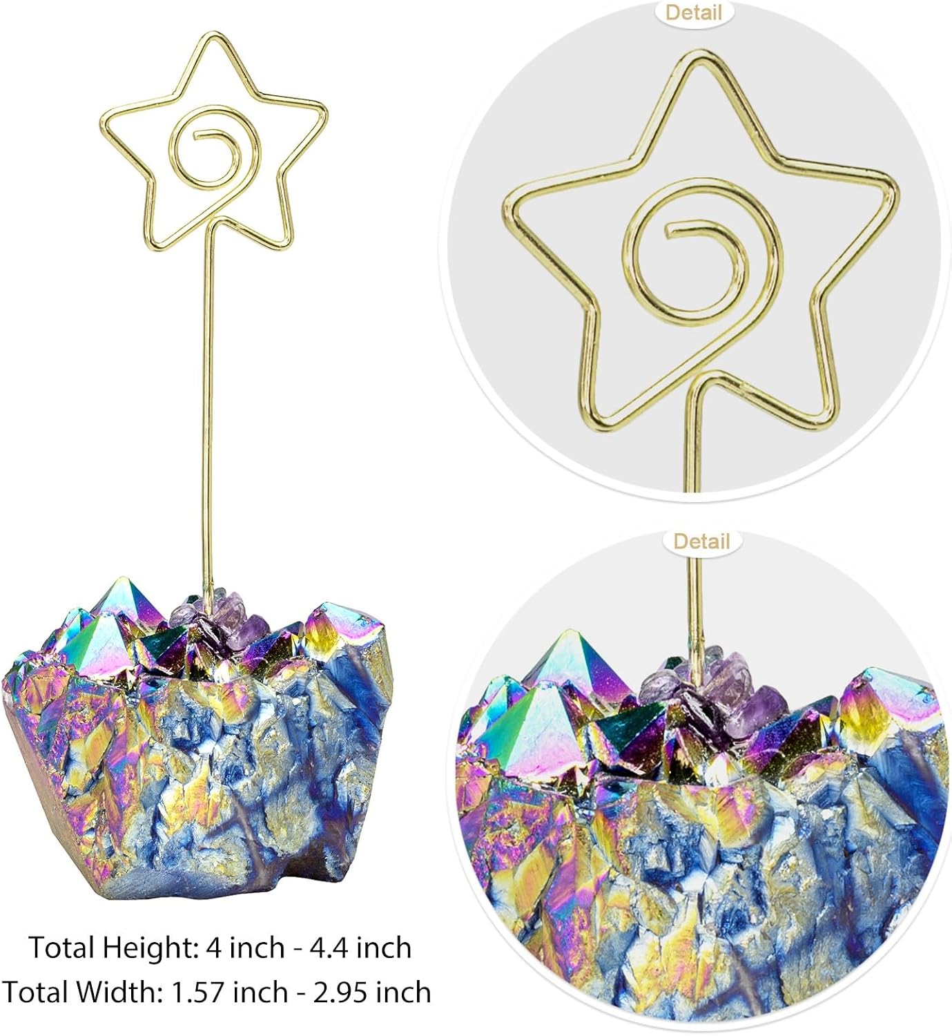 Nupuyai Rainbow Aura Titanium Coated Crystal Cluster Memo Holder Stand, Office Desktop Table Card Memo Wedding Photo Clip Holder, Star Shaped