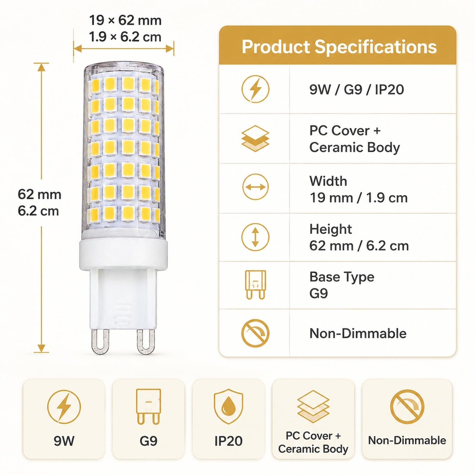 Lampadina LED G9 Luce Calda 3000K 9W Equiv 72W 900lm Risparmio CRI>95 Anti-Sfarfallio Ideale Per Applique Lampadario Sospensione Non Dimmerabile Confezione Da 6
