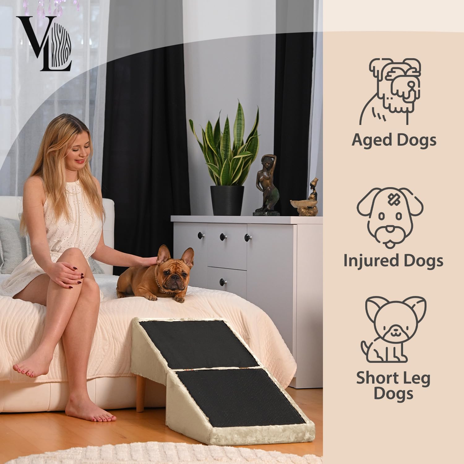 VELORA H&L Rampe pour Chien Beige - 2 en 1 Pouf et Rampe pour Chien, Escalier Pliable, Structure en Bois Robuste, Revêtement en Velours, Surface Antidérapante pour Chiens et Chats