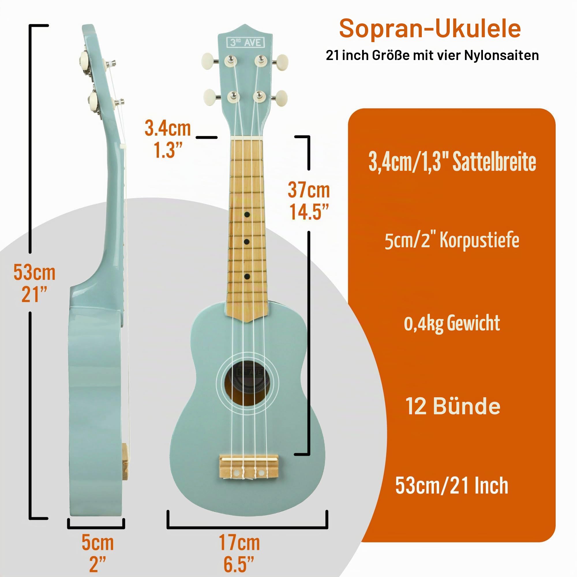 3rd Avenue Sopran-Ukulele Für Anfänger, 21 Zoll, 4 Nylonsaiten Mit Kostenloser Uke-Tasche – Pastellblau – 1 Monat Kostenloser Online-Unterricht