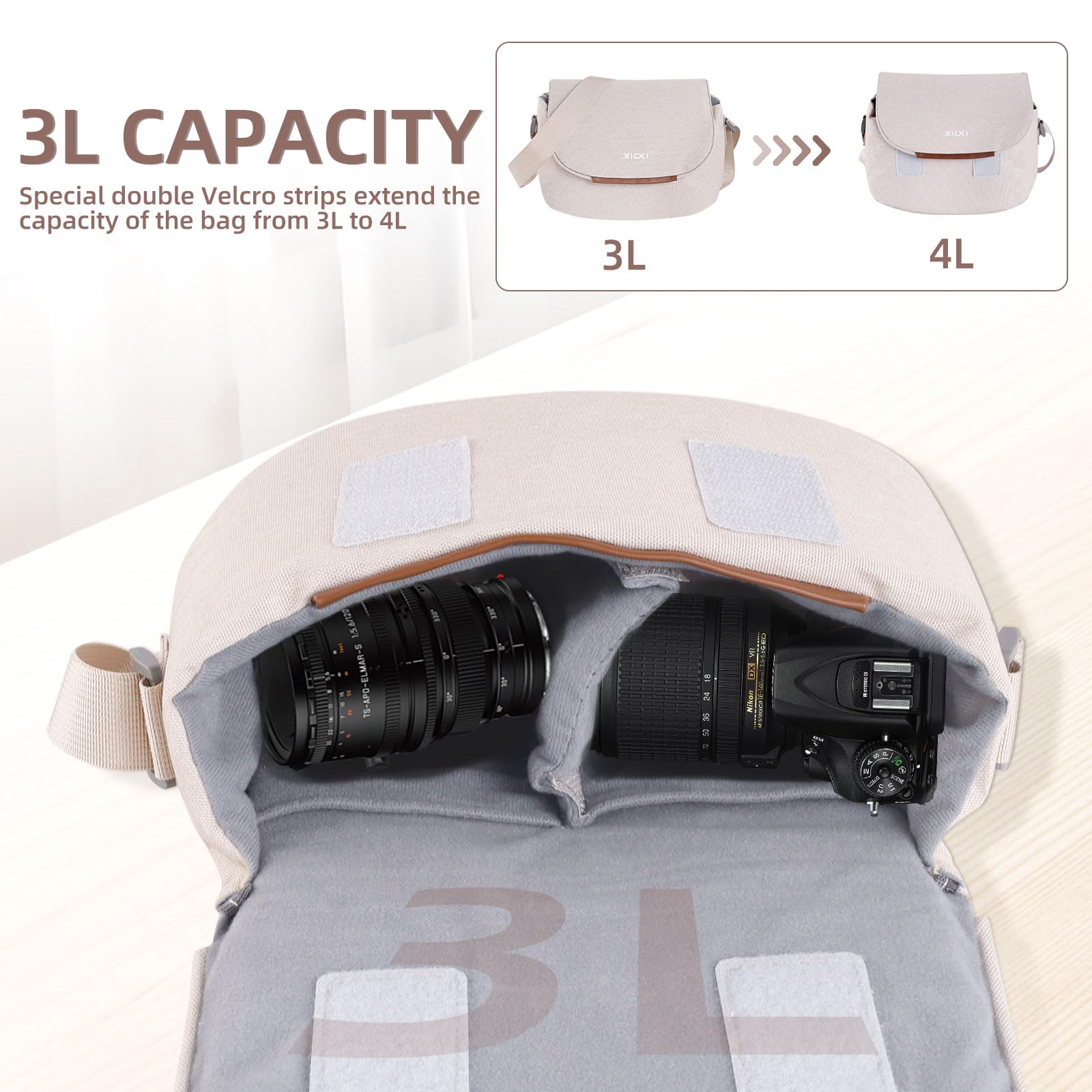 Hainue Sac Appareil Photo SLR,Crossbody Bandoulière Housse de Protection pour Appareil Photo,Sac Photographe avec Rembourrage Intégré est Compatible avec Canon/Sony/Nikon (Beige)