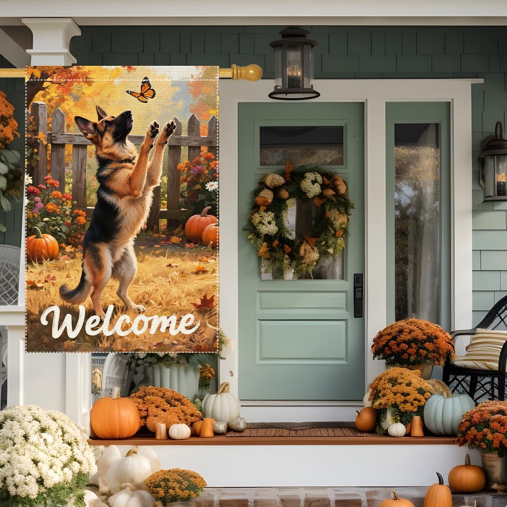 Welcome Fall Garden Flag German shepherd Garden Flags 28X40 Inch Double Sided Vertical Small Pumpkin Villa Outside Patio Burlap Decor Rustic Farmhouse Home Yard Lawn Thanksgiving Decoration image 4