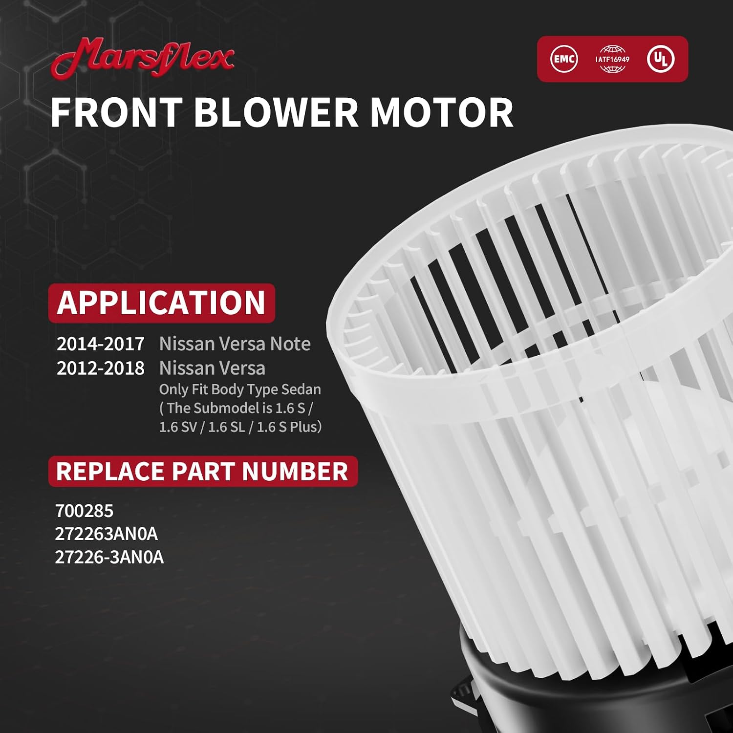 Marsflex Front Blower Motor 700285 for 2012-2018 Nissan Versa 2013 2014 2015 2016 2017 Versa Note Automotive Replacement Blower Motor Fan OE: 27226-3AN0A 272263AN0A