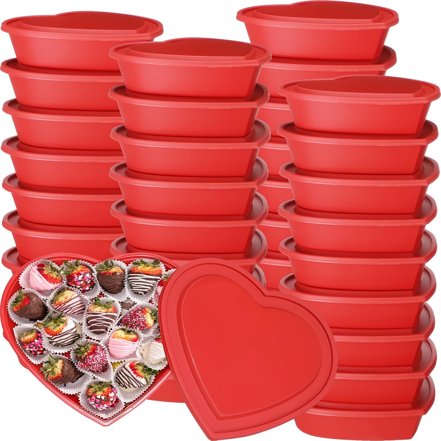 Newtay 25 Pcs 22 oz Heart Shaped Food Storage Containers with Lids Valentine Heart Storage Charcuterie Boxes Red Plastic Disposable Dessert Lunch Box for Kitchen Restaurant Fruit Vegetable Food