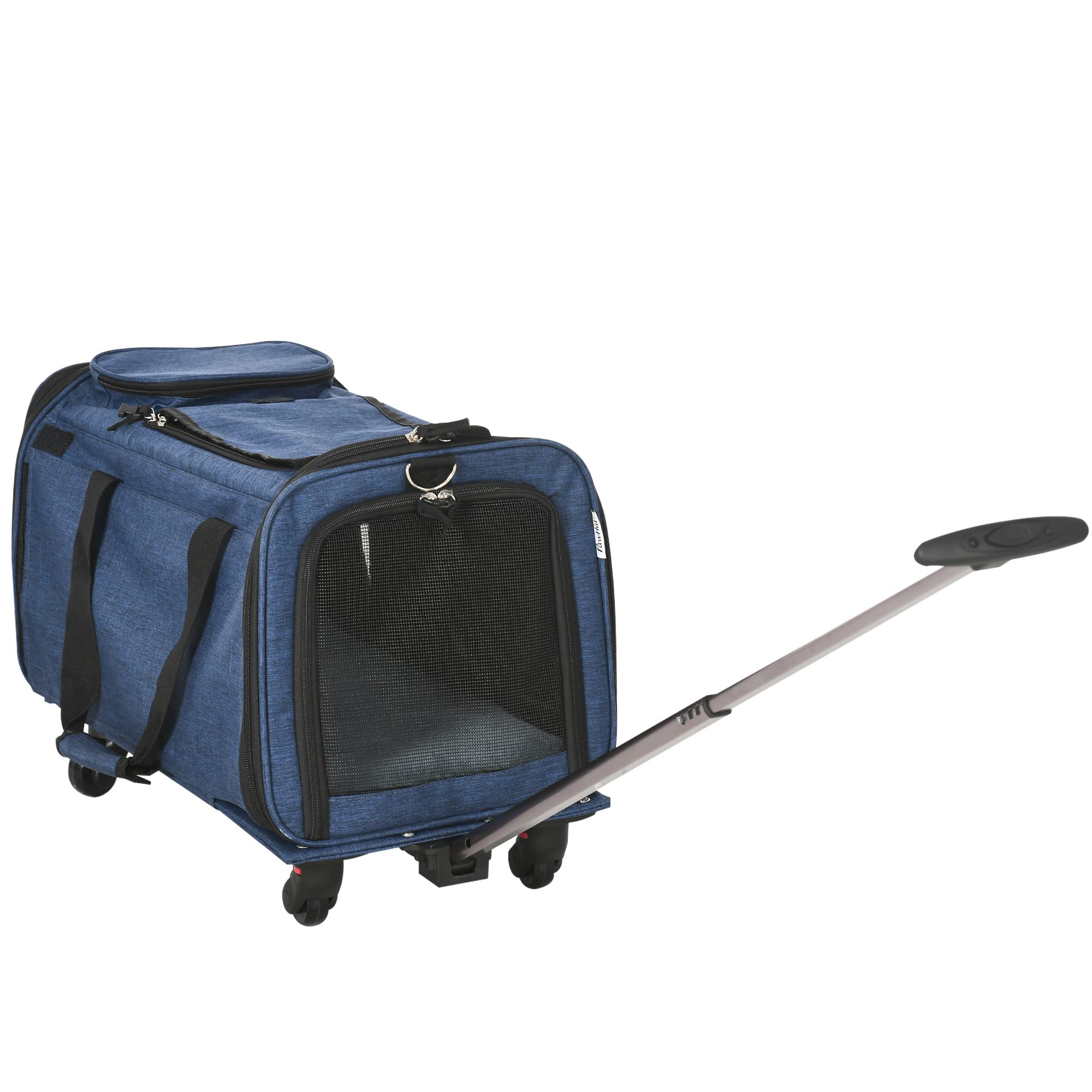 PawHut 4 en 1 Transportadora para Mascotas con Ruedas Carrito para Mascotas Bolsa de Transporte para Perros Gatos con Asa Telescópica de Aluminio 50x31x37 cm Azul