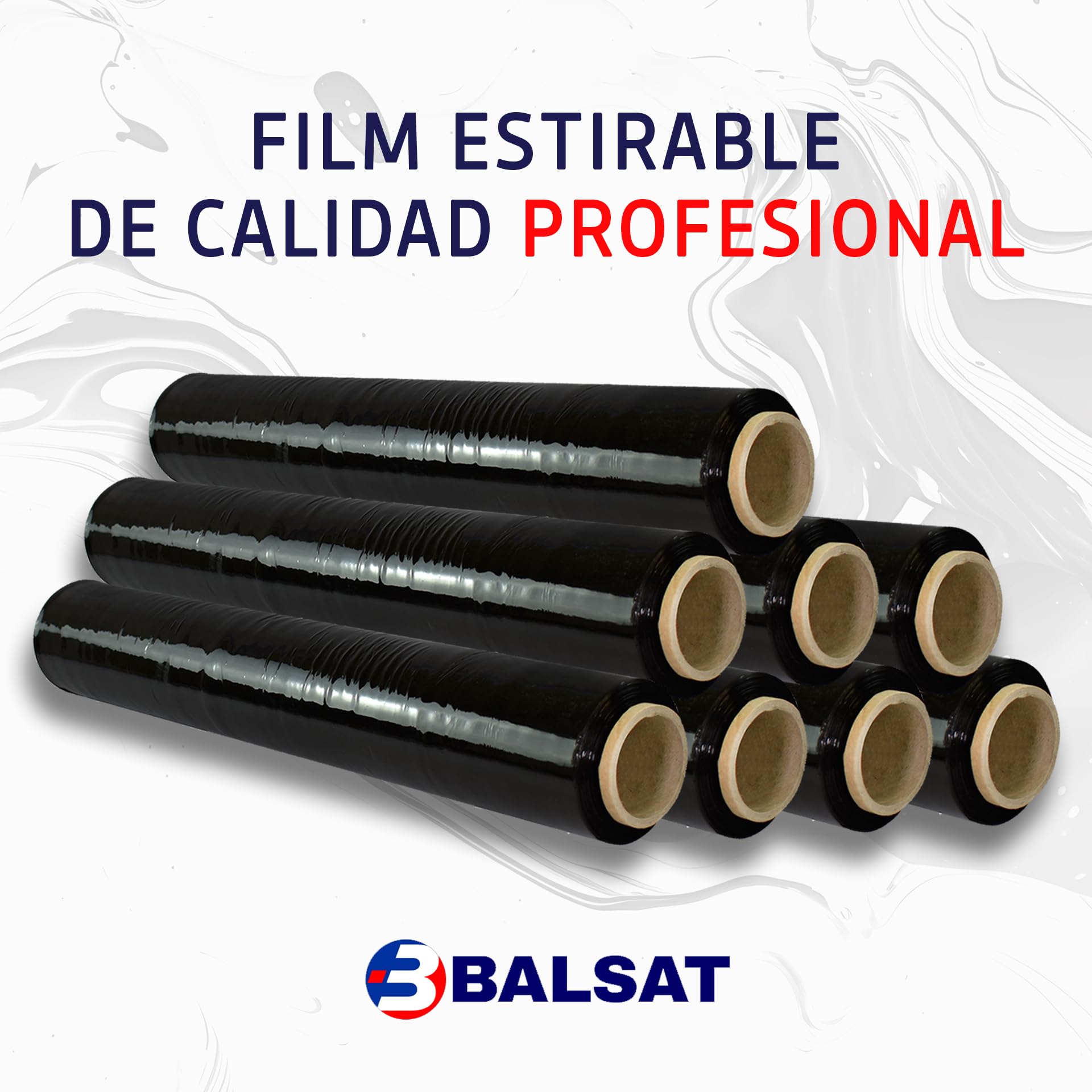 BALSAT | 8 Bobinas de film estirable de paletizar | Paquete ahorro de 8 Bobinas | Negro o Transparente | Calidad profesional | Ancho de bobina 50 cm | 23 My (Negro)