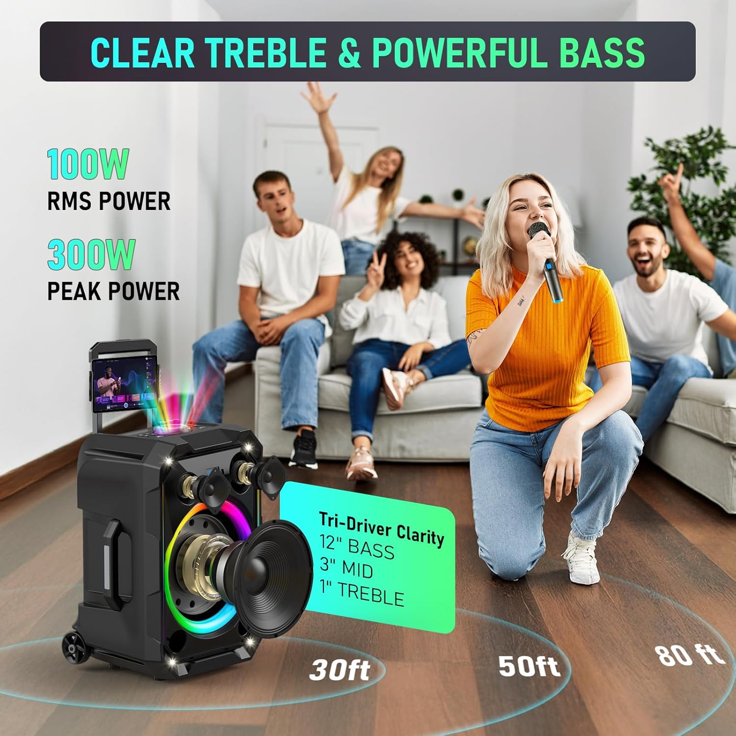 Portable Karaoke Machine for Adults, 12" Big Bluetooth Party Speaker with 2 Wireless Mics for Adults & Kids, 400W Peak Power,Karaoke Microphone with PA System Supports USB/TF/REC/FM/AUX