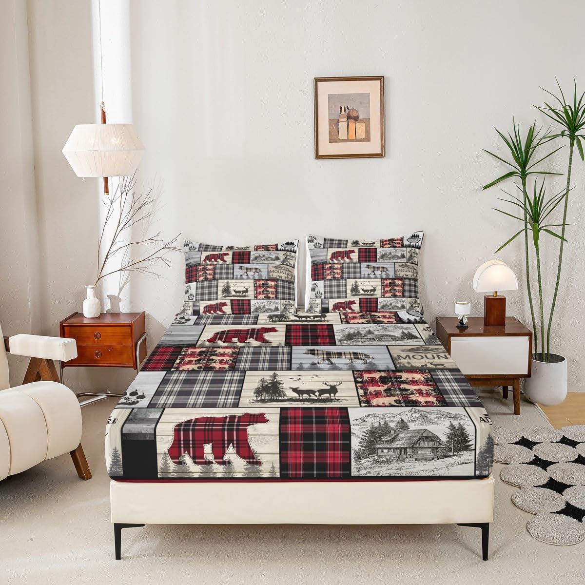 Rustic Cabin Bed Sheets Queen Woodland Wolf Deer Bear Sheet Set For Kids Adults,Red Black Buffalo Plaid Bedding Wildlife Camping Lodge Mountain Fitted Sheet Southwestern Farmhouse Flat Sheet 4 Pcs