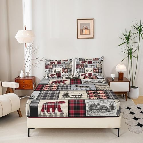 Miniatura 4 de Juego de sábanas rústicas de cabaña, tamaño King, bosque, lobo, ciervo, oso, para niños y adultos, ropa de cama a cuadros de búfalo rojo y negro,