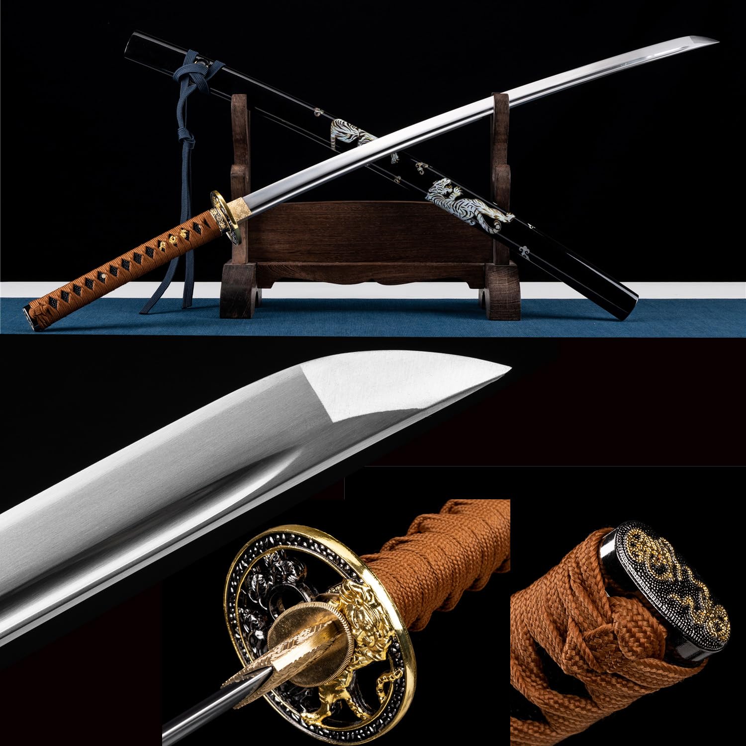 HERO SWORD-Tiger Katana Combat Ready1095 Higg Carbon Steel Full Tang Blade Samurai Sword Very Sharp Authentic Japanese Weapons Cool Sword Best Gift for Mens,Brown Black