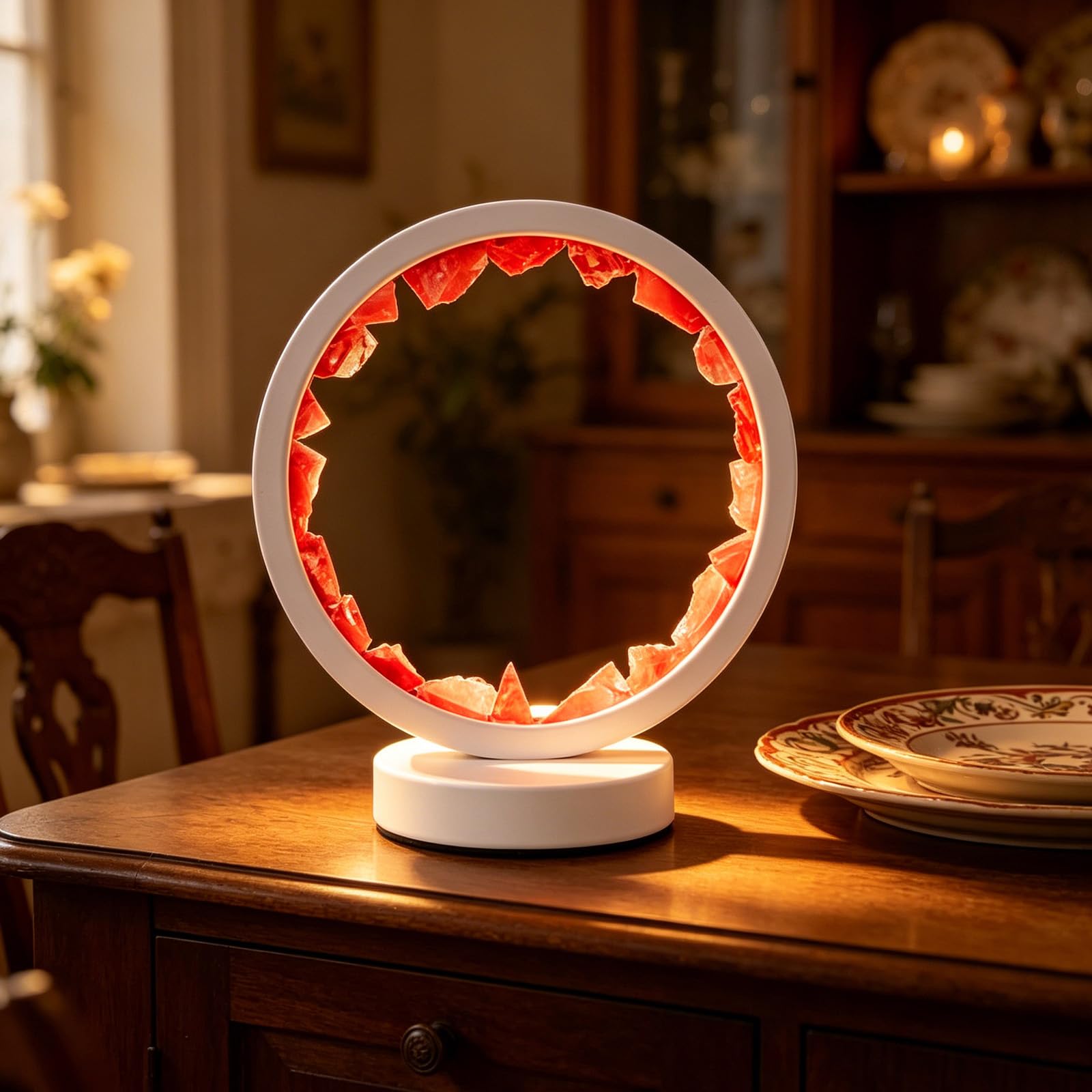 Cherry Quartz Crystal Night Lamp USB Powerd Dimmable Healing Red Crystal Circle Salt Light for Yoga Studio Table Dining Room Birthday Christmas Gift W 7.09 in x H 8.66 in(Red Fusion Refining White)