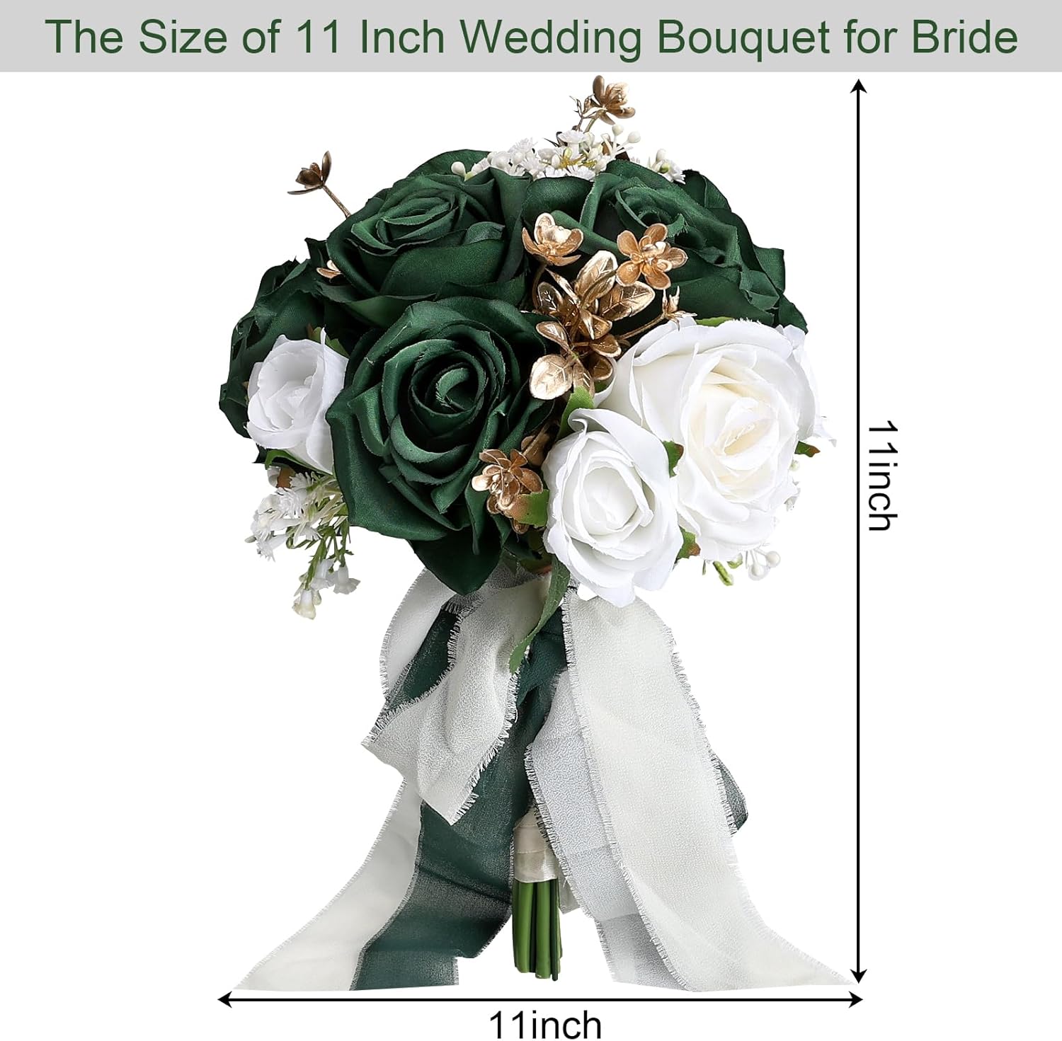 Wedding Bouquet for Bride - Premade Simple Artificial Roses Flowers for Bridal Shower Destination Ceremony Anniversary Decorations - Emerald Green & Gold & White