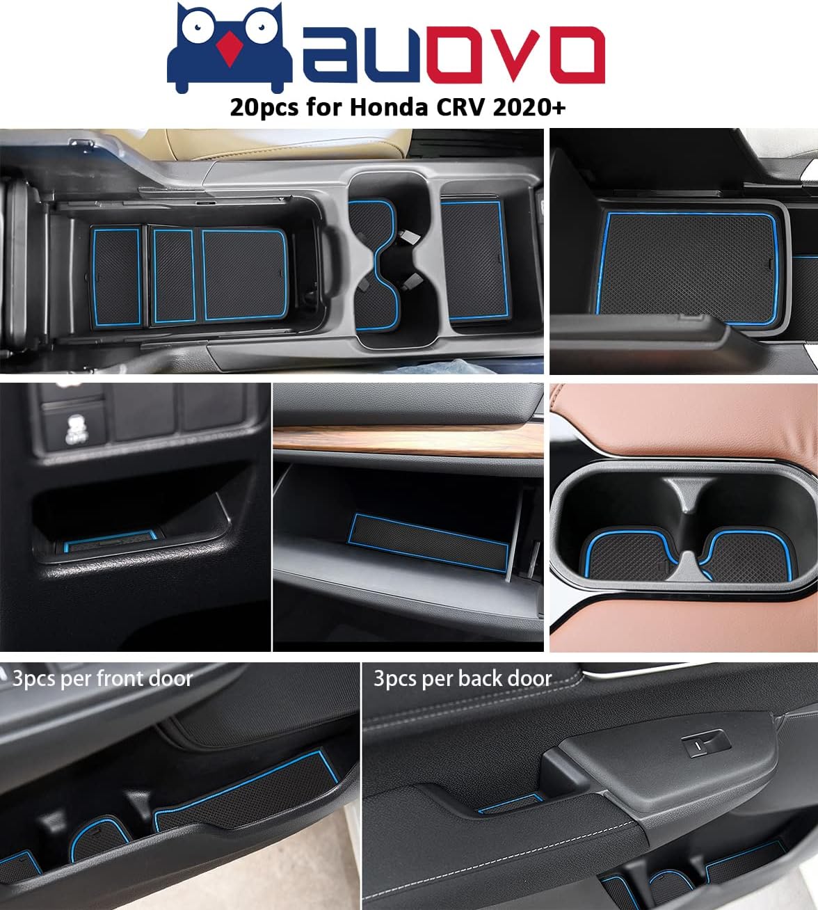 Auovo 20pcs Anti Dust Mats for 2022 2020 2021 Honda CR-V/CRV Accessories Premium Custom Non-Slip Car Cup Holder Inserts, Center Console Liner, Door Pocket Liners Interior(Blue Trim)