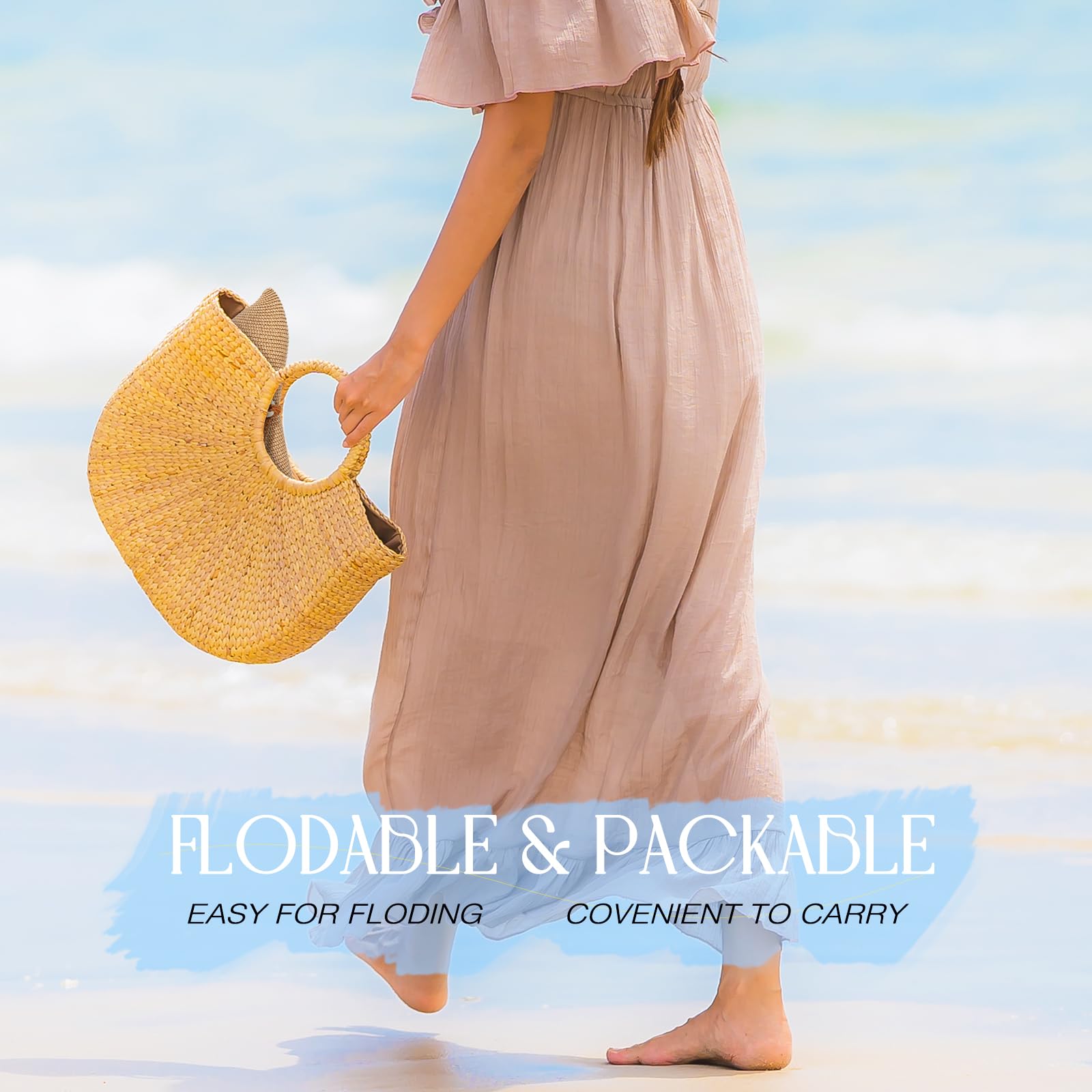 Beach Sun Hats for Women - Wide Brim Straw Womens Summer Hat with Wind Lanyard Roll Up, Foldable Beach Hat UV Protection