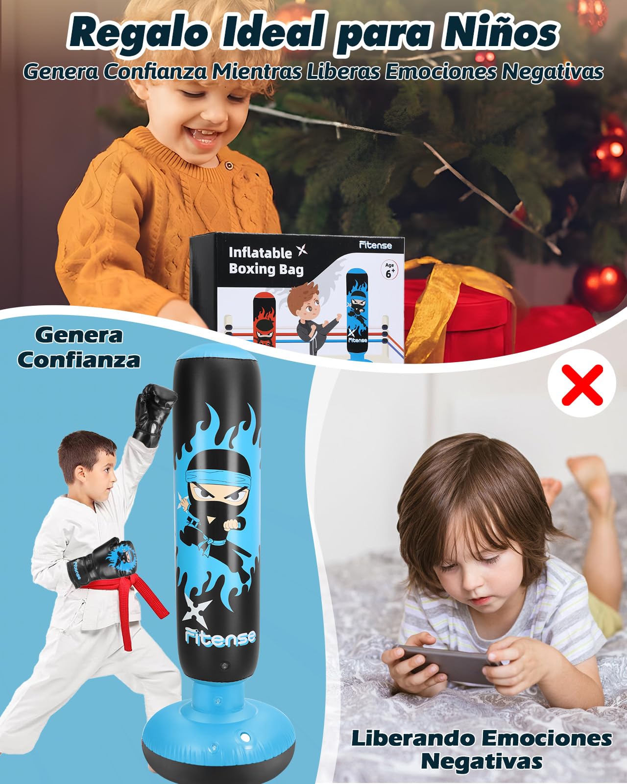 Fitense Saco de Boxeo Niños, 160cm Boxeo Saco Inflable con Guantes y Bomba, Punching Ball Estable para 3-12 Años, Set Regalo Saco de Boxeo de Pie para Práctica de Karate, Taekwondo, MMA,Ninja Azul