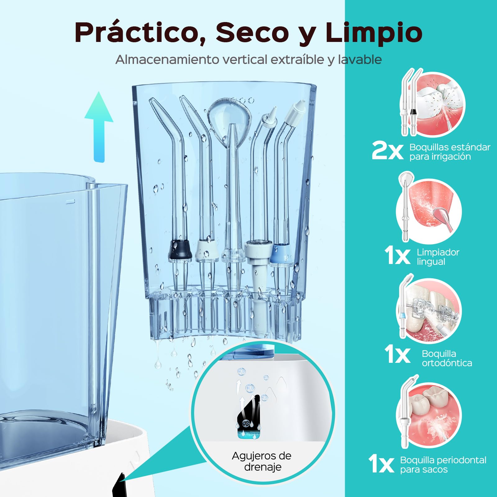 COSLUS Irrigador Dental Sobremesa Profesional: 2 Modos y 12 Presión Ajustable - 600ml Irrigador Bucal para Adultos Usuarios de Ortodoncia/Encías Sensibles -Uso Hogar Baño con 5 Boquillas - Blanco