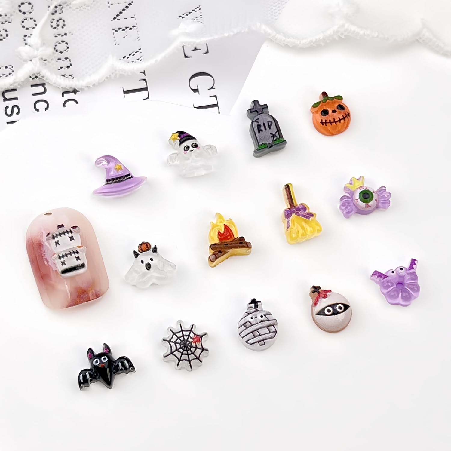 200Pcs Halloween Nail Art Charms Cute Bat Ghost Pumpkin Nail Rhinestones Multi Shapes Resin Cartoon Bandage Web Tombstone Broom Hat Design Nail Supplies 3D Mini Flatback Kawaii Nail Jewels for DIY image 2
