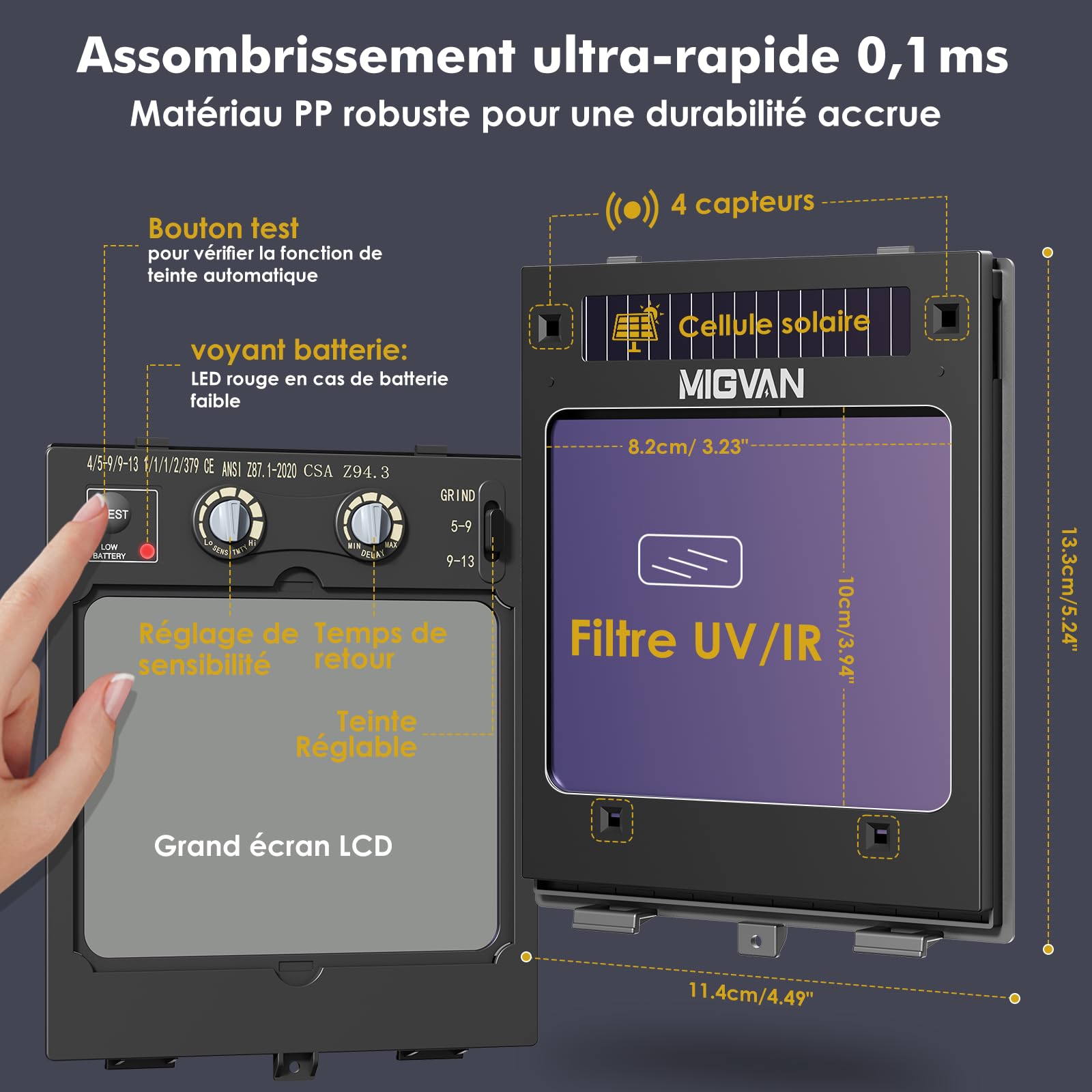 Casque Soudure Automatique 0,1 ms d’assombrissement – Masque Soudure True-Color, 100×82 mm, Alimentation Solaire Batterie, DIN 4/5-9/9-13 – Cagoule Soudure MIG TIG MMA Arc Meulage H21