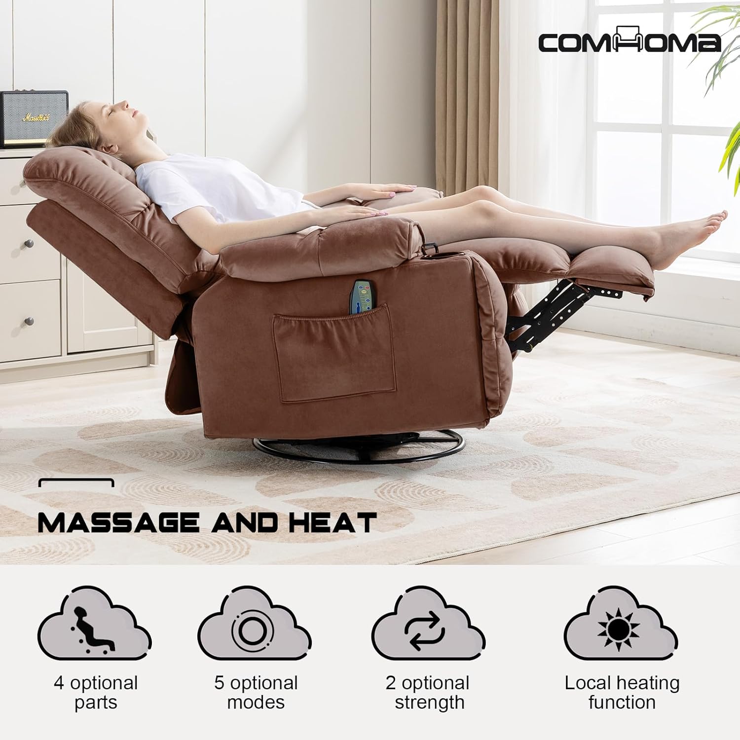 Massage and heat functions with options for parts, modes, strength, and heating