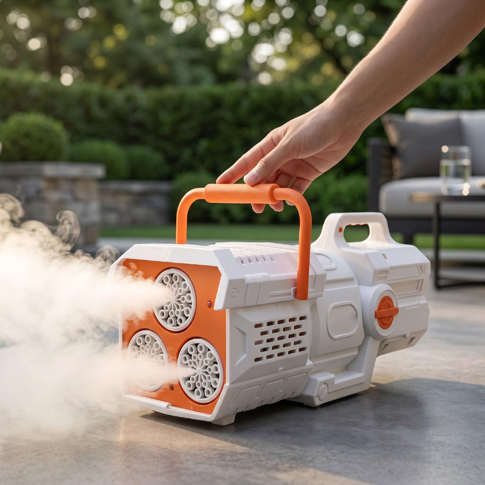 Tragbarer Seifenblasenmacher für |60-Loch-Automatik-Blasengebläse mit Wiederaufladbarem Akku, Outdoor-Gartenparty-Spielzeug