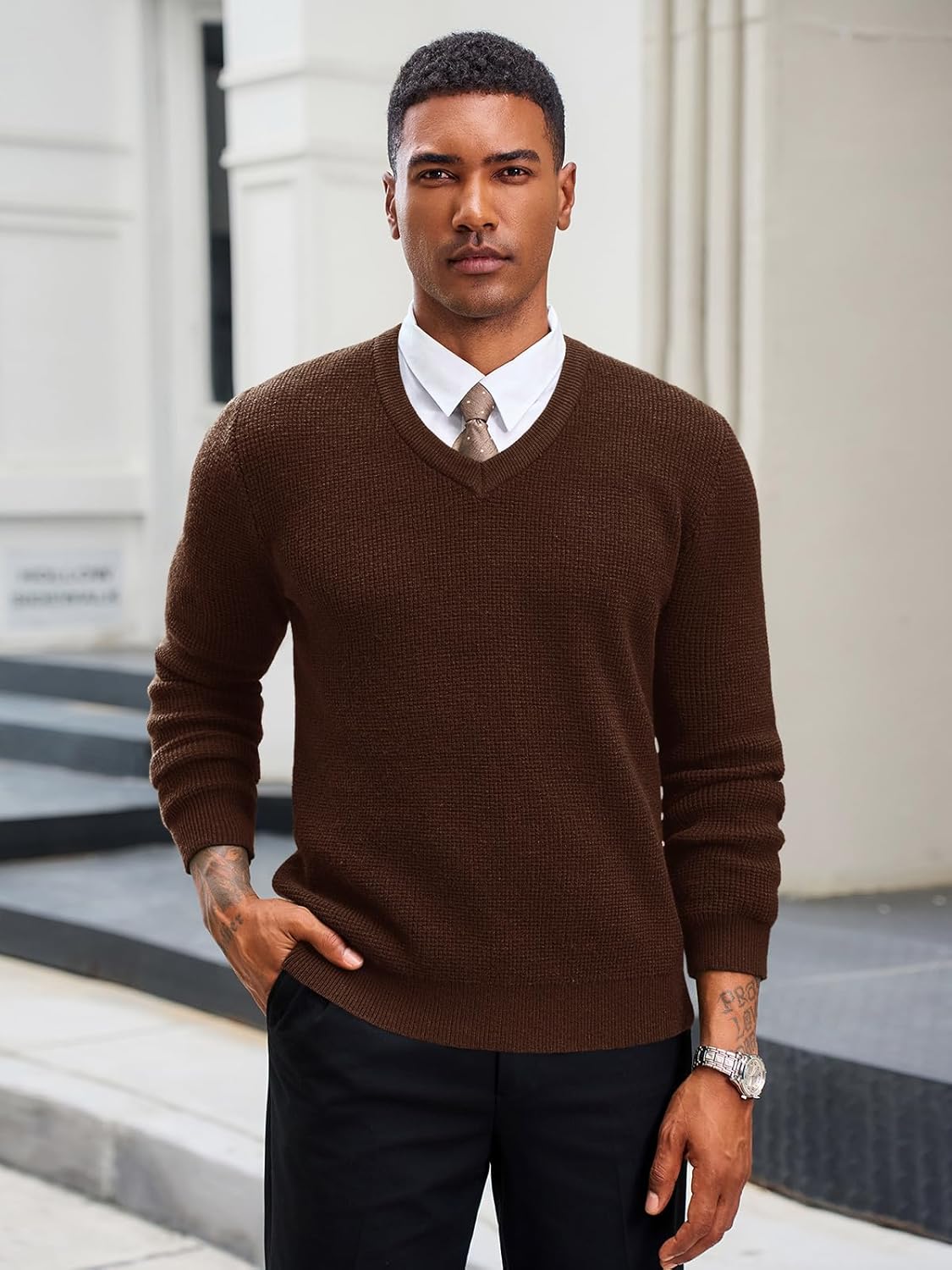 Runcati Mens V Neck Sweater Casual Waffle Knitted Pullover Slim Fit Fall Winter Basic Warm Sweaters - Image 3