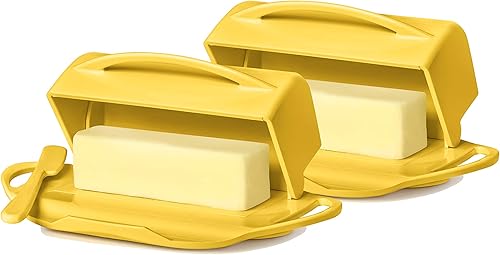 Butterie Mantequillera abatible con tapa y cuchillo a juego, paquete de 2, sin ensuciar, capacidad para 2 palosmantequilla Kerrygold, inastillable,