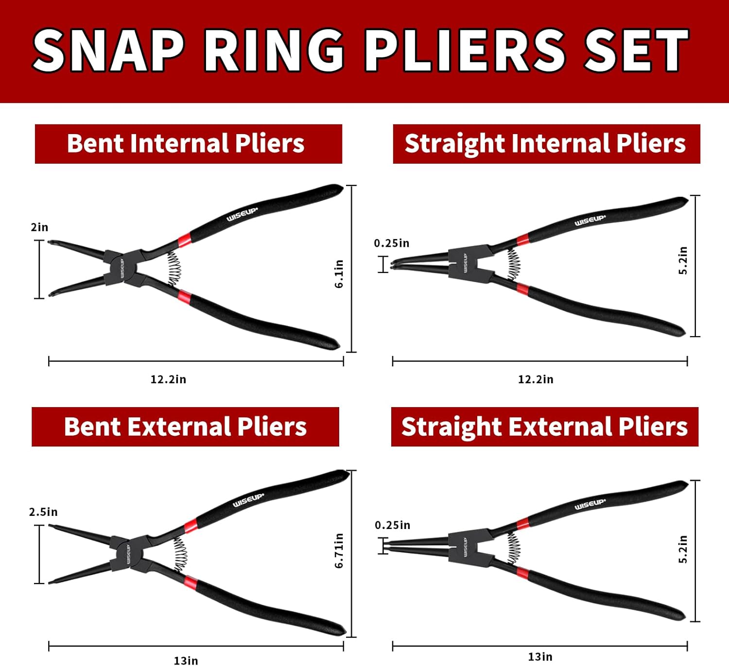 WISEUP Snap Ring Pliers Set Heavy Duty,4PCS-13 inch Internal/External Circlip Kit,Straight/Bent Jaw Tips C-Clip Pliers for Ring Remover Retaining (13 inch Circlip Pliers) 13 inch Circlip Pliers Set
