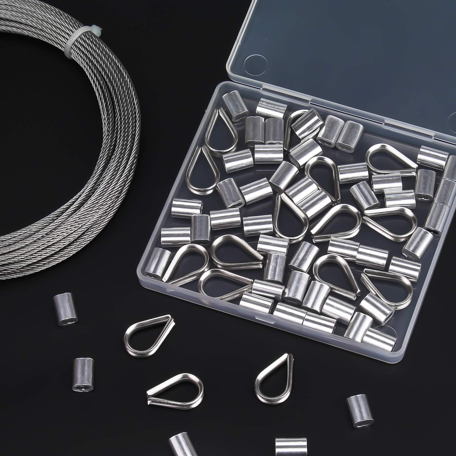 Favordrory Cable Railing Kits Includes 1/16 Inch x 33 Feet 304 Stainless Steel Wire Rope Cable, 50 Pieces Aluminum Crimping Sleeves and 12 Pieces Thimble for Railing, Decking, Picture Hanging