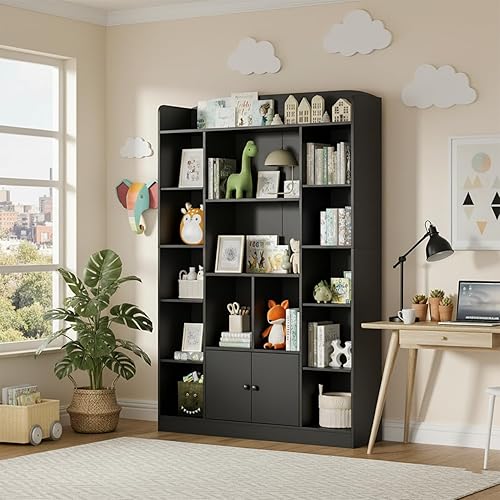 Miniatura 6 de Estantería negra de 63 pulgadas de alto con 14 cubos y armario de 2 puertas, estantería grande de madera de 5 niveles, organizador de almacenamiento