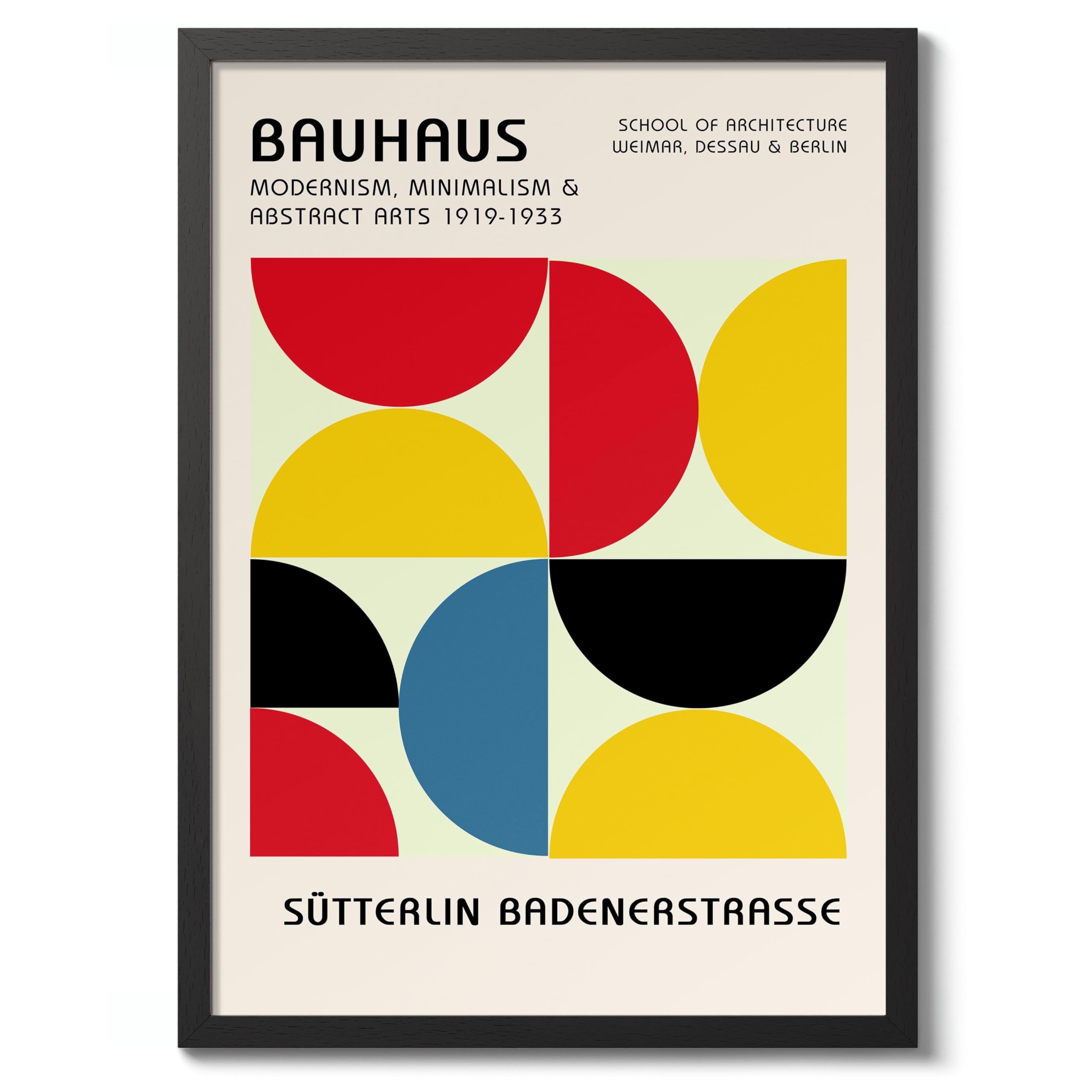 Semi-Circles In Primary Colours Bauhaus Poster Mid Century Modern Wall Decor Print, Abstract Geometric Wall Art Boho Abstract Artwork Architecture, Archival Matte, A4 (Black Frame) - 29.7x21cm