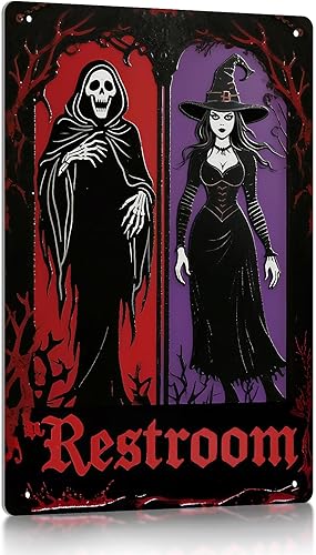Letrero de decoración de baño de Halloween, letrero de metal de la muerte y la bruja, decoración gótica de baño y arte de pared, decoración de