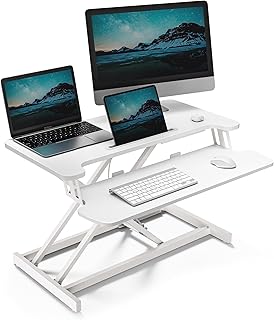 VonHaus Standing Desk Converter, Height Adjustable Computer Workstation with Keyboard Shelf, Dual Monitor Desk Riser w/Tablet Holder - 80x40cm (White)