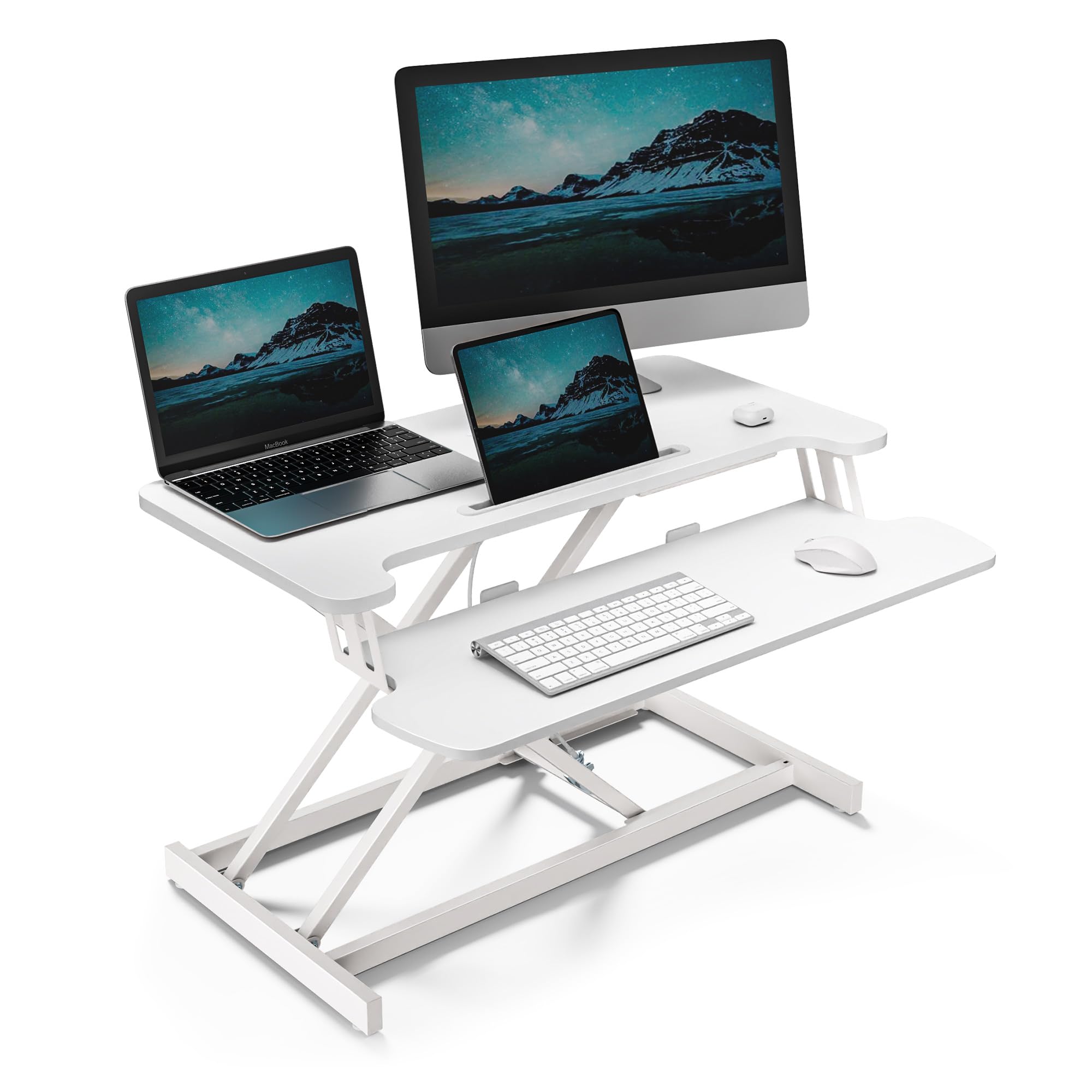 VonHaus Standing Desk Converter, Height Adjustable Computer Workstation with Keyboard Shelf, Dual Monitor Desk Riser w/Tablet Holder - 80x40cm (White)