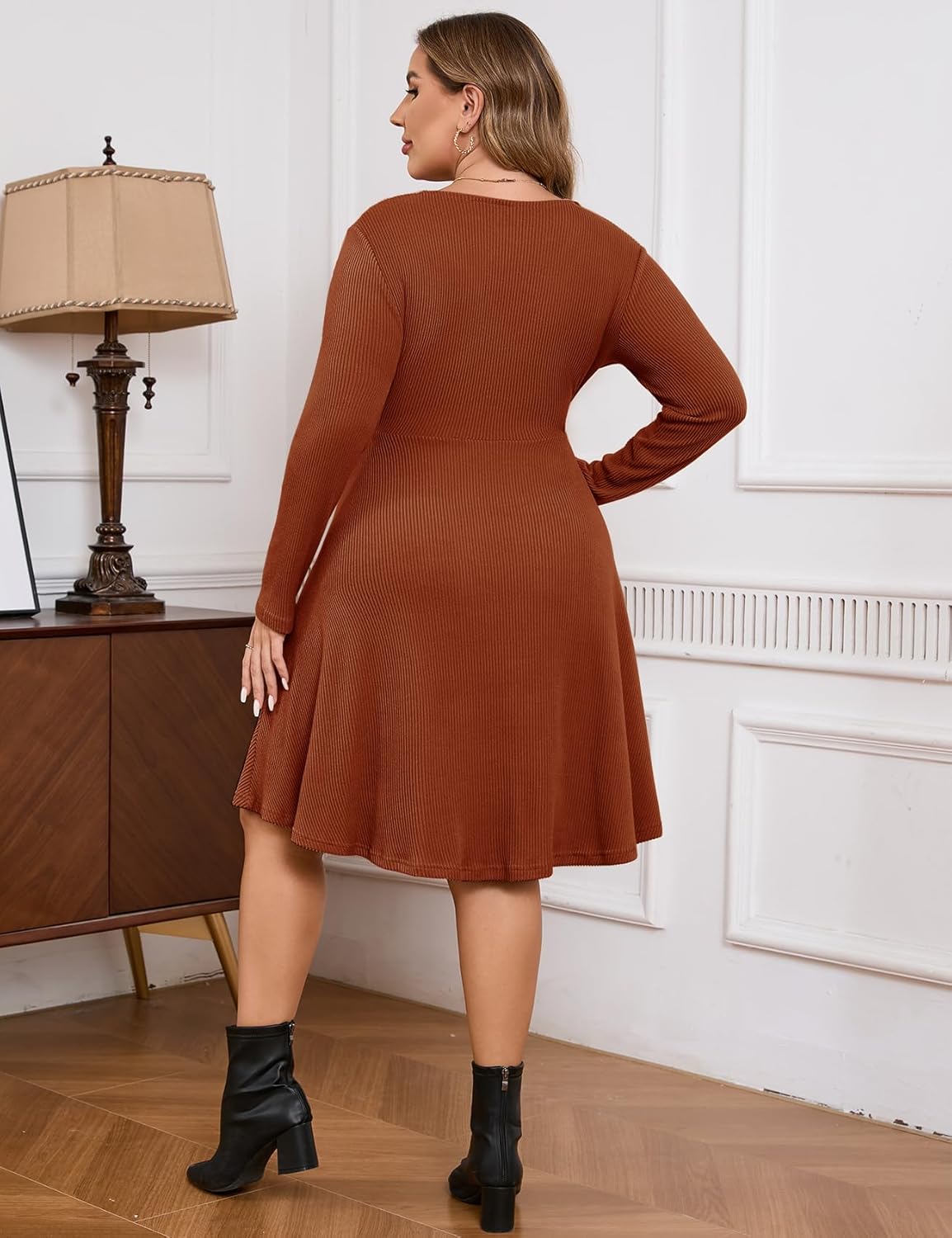 ZOMVA Plus Size Sweater Dress V Neck A-line Knee Length Dress Fall Winter Casual Ribbed Knit Long Sleeves - Image 5