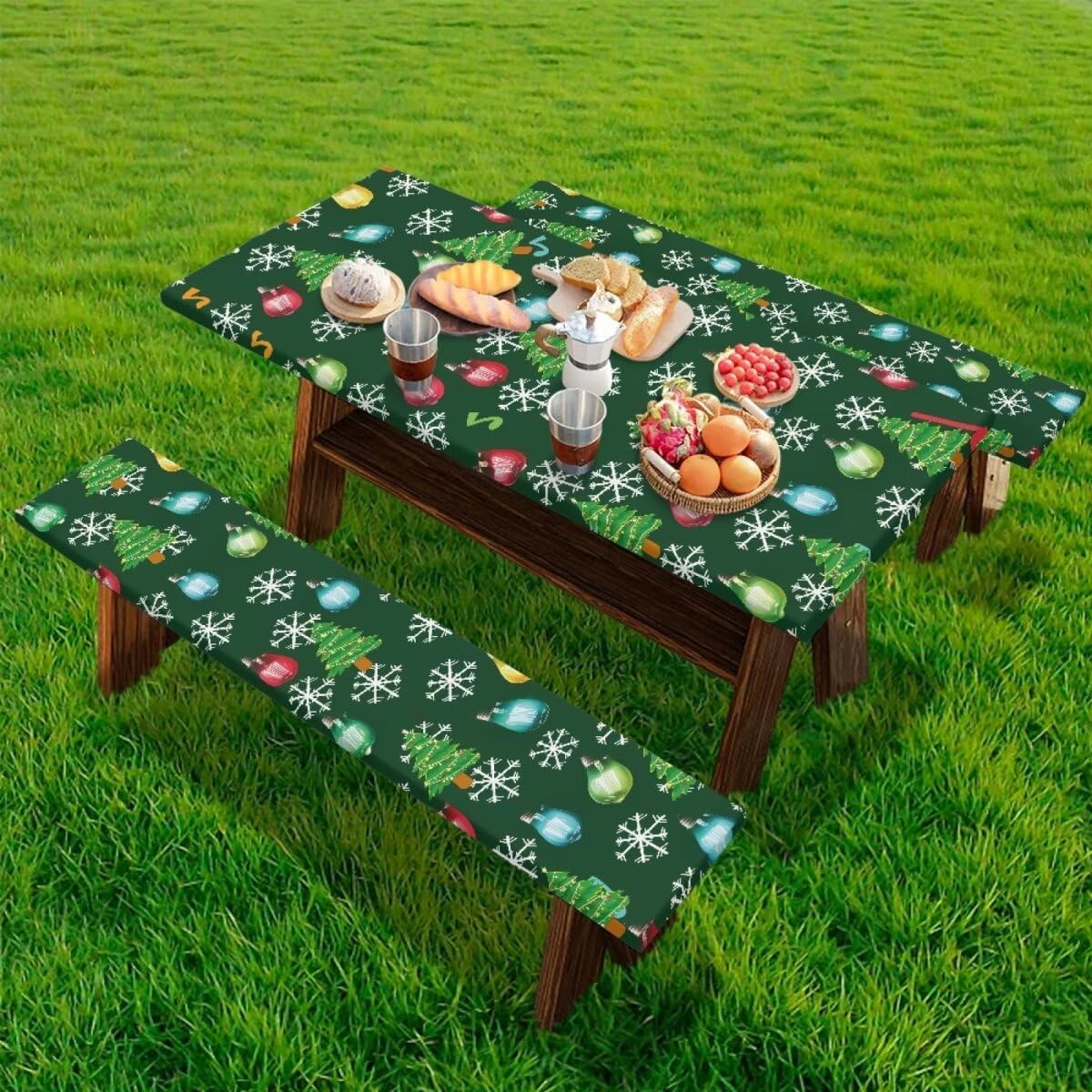 Christmas Lights Camping Table Cover with Seat Covers Waterproof Picnic Outdoors Tablecloth with Bench Covers Xmas Decor Farm Fitted Picnic Table Cover Camping Tablecloth