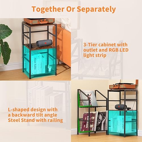 Miniatura 5 de LAKEMID Soporte para tocadiscos con almacenamiento de vinilo, soporte giratorio de 3 capas y soporte de disco de vinilo de acero, mesas auxiliares