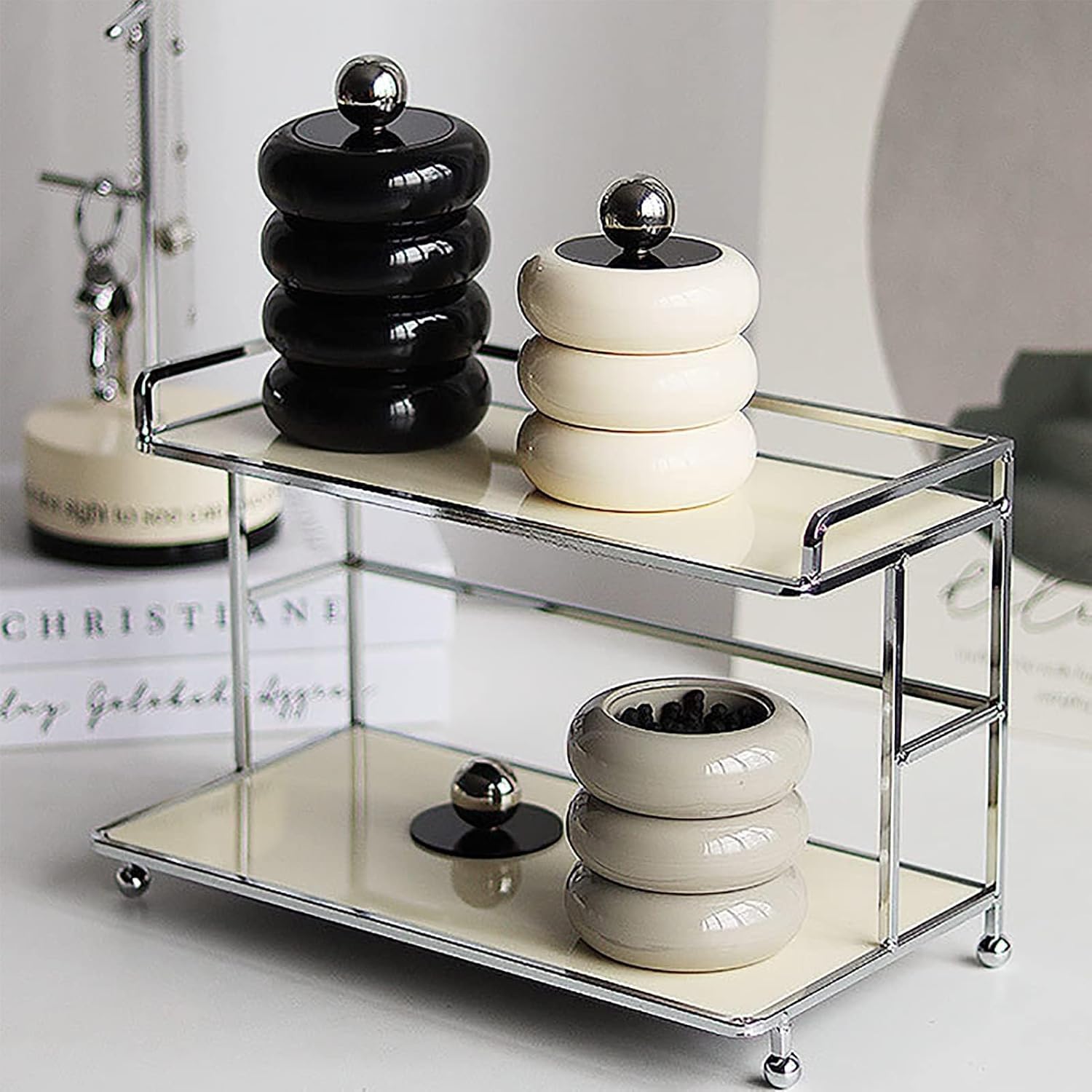 TOPINCN Qtip Holder, Nordic Qtip Holder Dispenser Doughnut Shape Makeup Storage Box with Lid for Cotton Swab Storage (Black Four Layers)