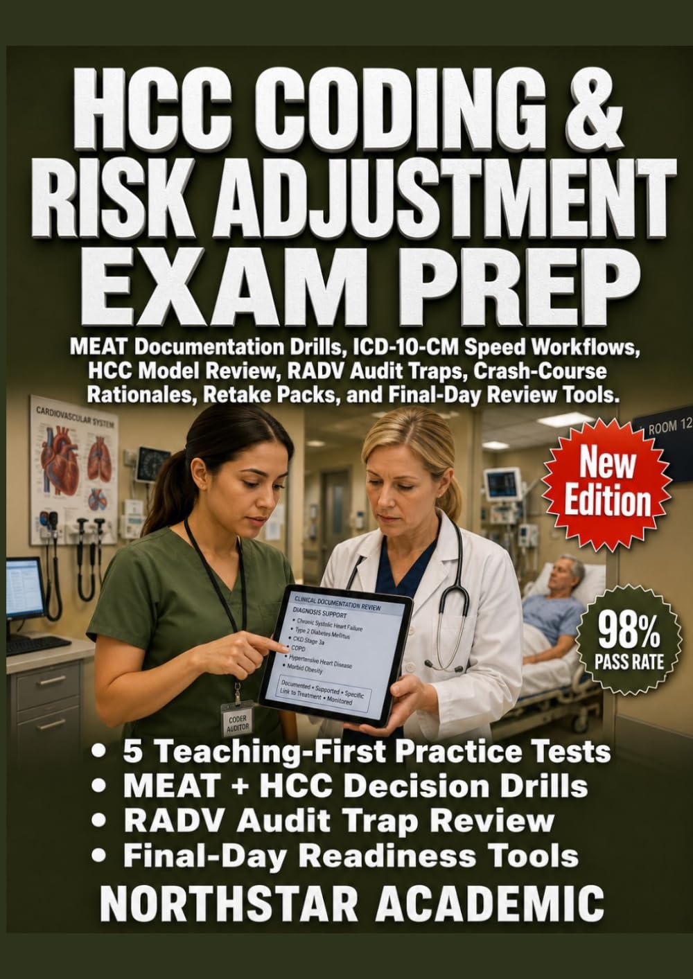 HCC CODING & RISK ADJUSTMENT EXAM PREP: MEAT Documentation Drills, ICD-10-CM Speed Workflows, HCC Model Review, RADV Audit Traps, Crash-Course Rationales, Retake Packs, and Final-Day Review Tools
